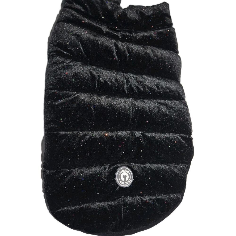 Fab Dog Pet Apparel Soft Velvety Puffer Coat Jacket Black Rainbow Sparkles L